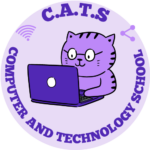 A cat using a computer with the words Computer and Technology School and the acronym CATS