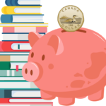 piggy bank in front of a pile of books